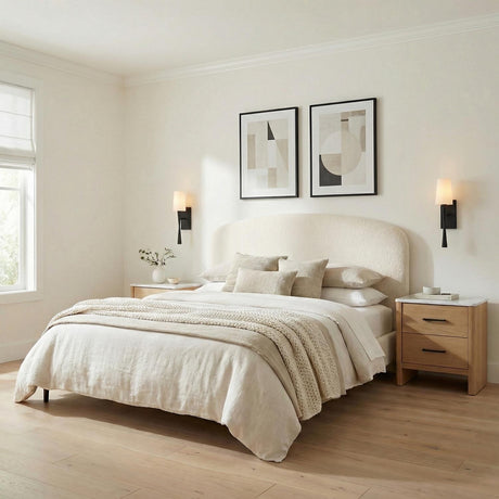 Kellan Wall Sconce 18", Black geometric Wall Sconce in a Transitional Bedroom with a cream upholstered headboard and oak nightstands.