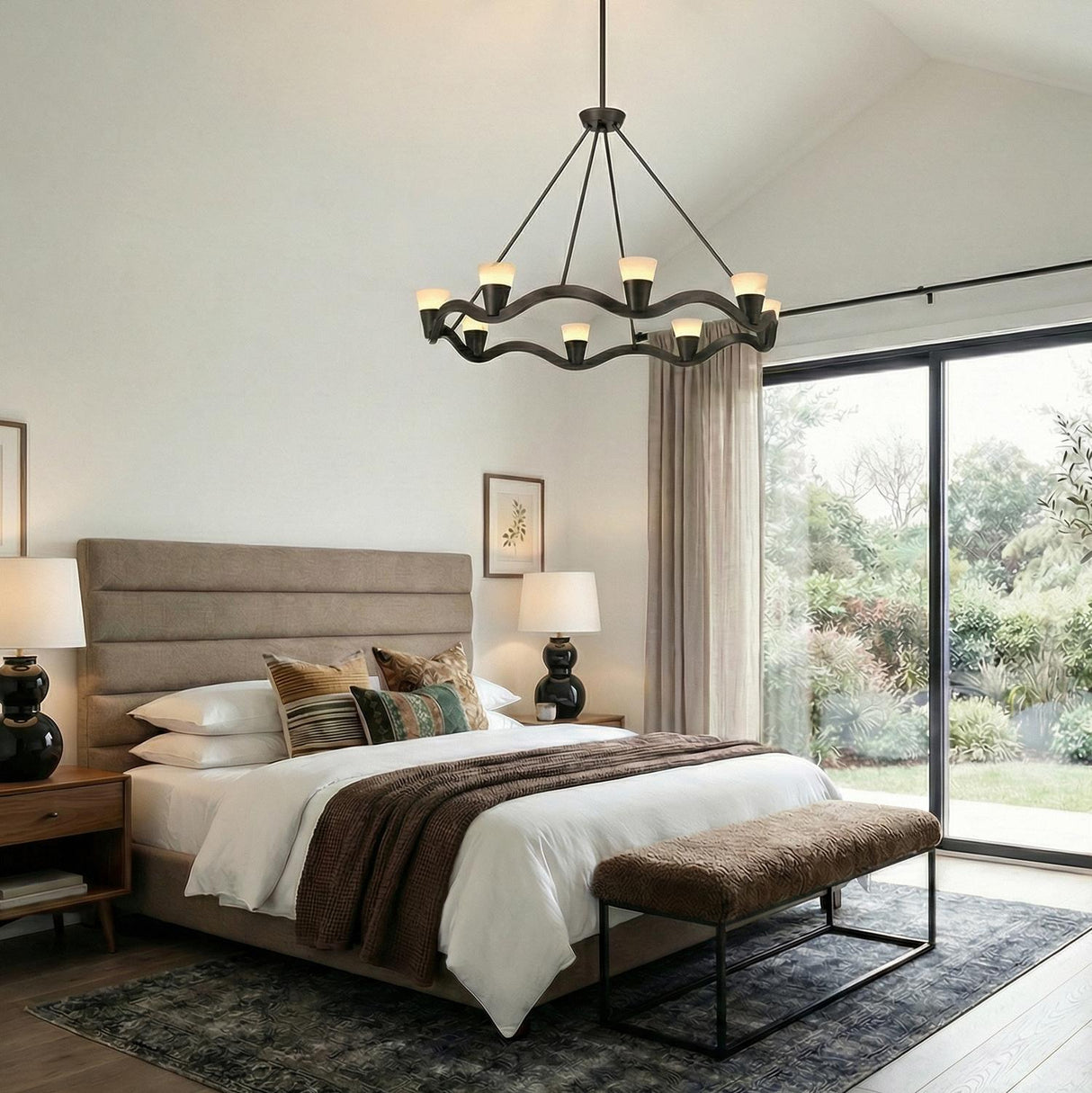 Josie LED Chandelier 39", Old Bronze and Alabaster scalloped Chandelier in a Transitional Bedroom with a padded headboard.