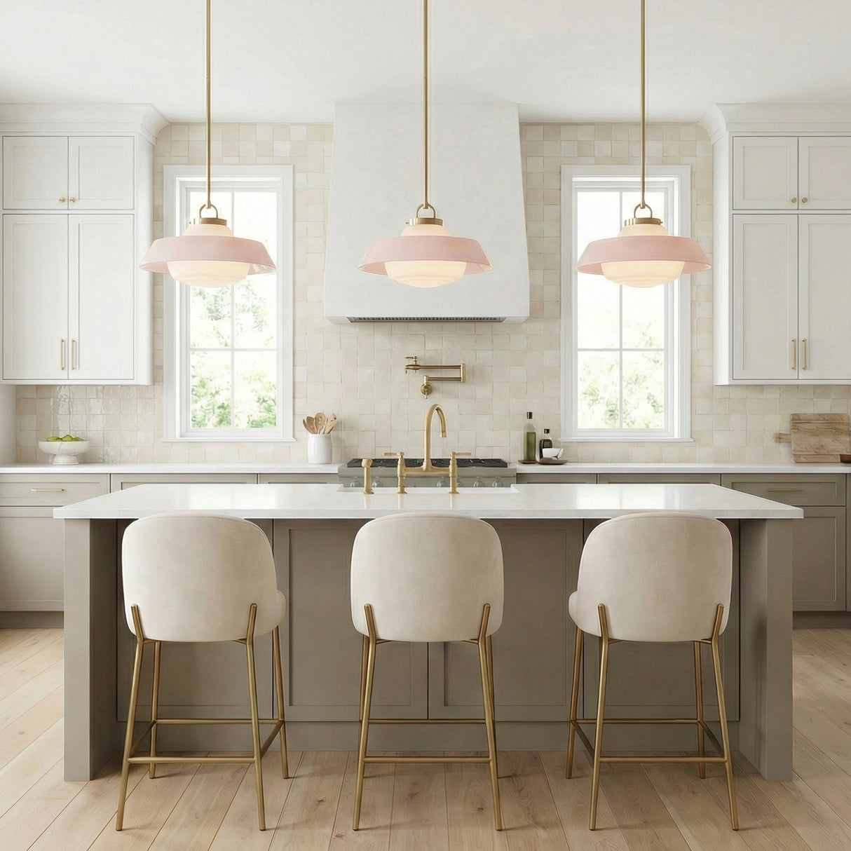 Blaine Medium Pendant 16", Brass and Rose Quartz globe pendant in a Transitional Kitchen with a white marble island and velvet stools.