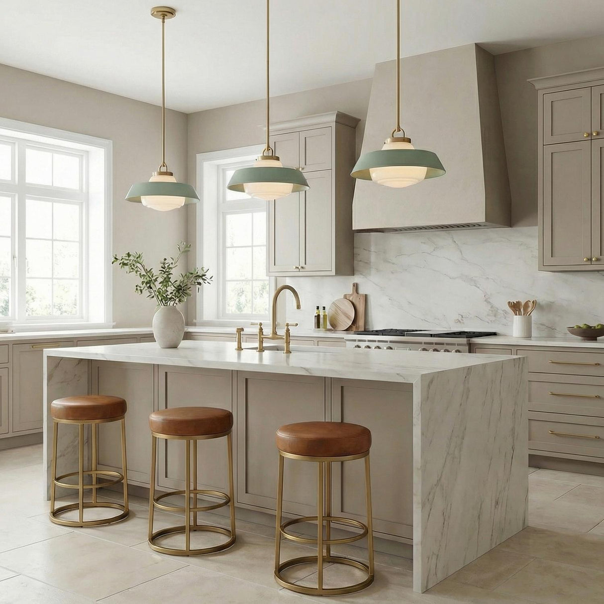 A transitional kitchen features three Blaine Medium Pendants 16", Brass and Sage Green with brushed brass hardware and frosted glass globes over a marble waterfall island.