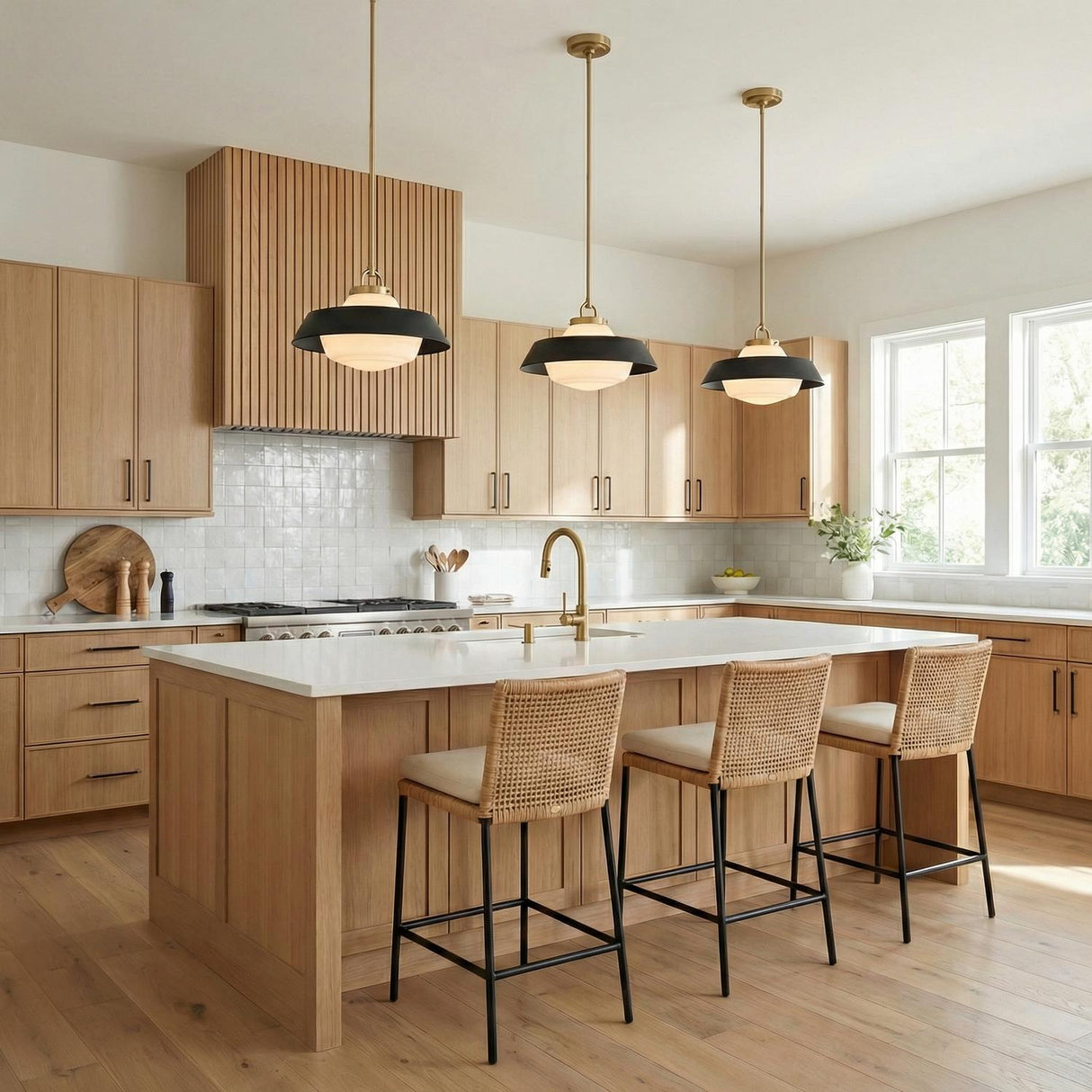 A contemporary kitchen features three Blaine Medium Pendant 16", Brass and Matte Black fixtures with frosted glass shades over a white quartz island and light wood cabinets.