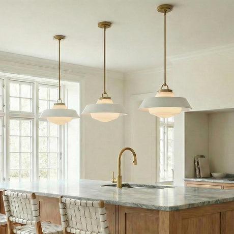 Blaine Medium Pendant 16", Brass and White geometric globe Pendant in a Transitional Kitchen with a marble island and brass faucet.