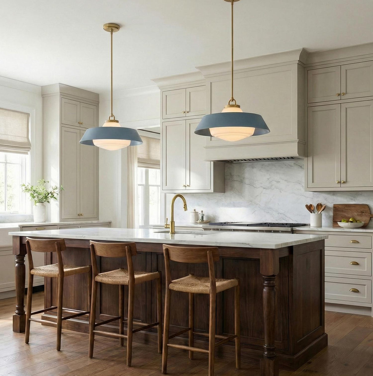 Blaine Large Pendant 20", Brass and French Blue geometric globe pendant in a Transitional Kitchen with a white marble island.