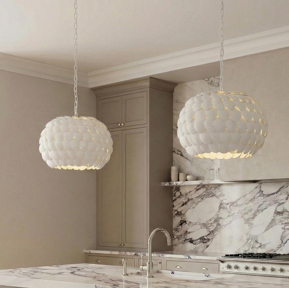 Odette Pendant 20", Matte White scalloped pendant in a Transitional Kitchen with a white marble island.