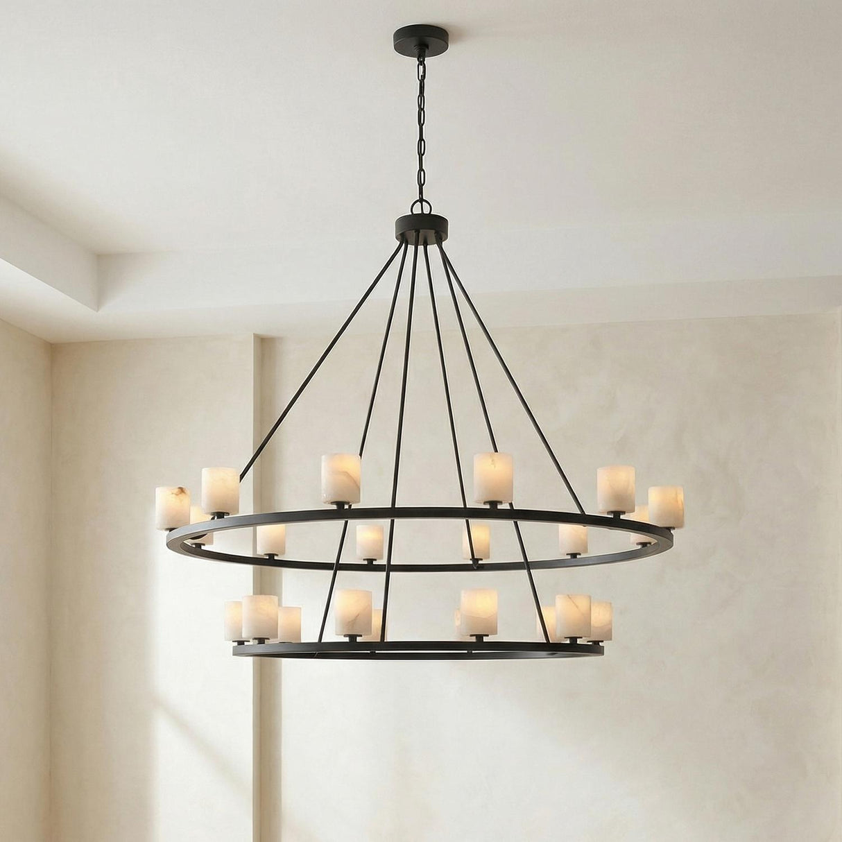 Arlo 22 Light Two-Tier Ring Chandelier 47", Matte Black and Alabaster