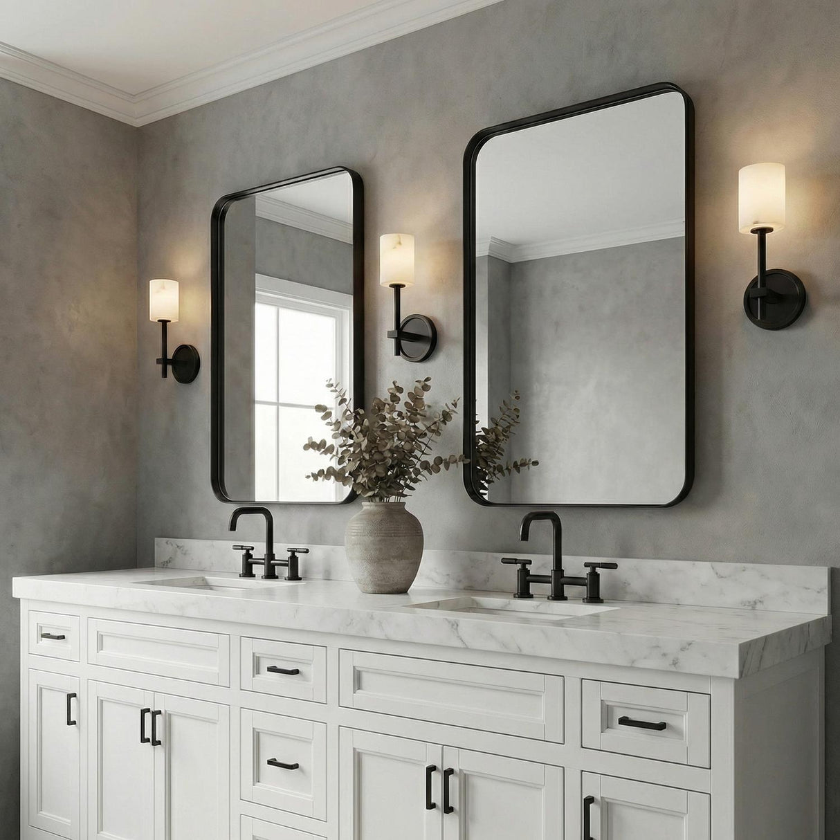 Arlo Wall Sconce 11", Matte Black and Alabaster geometric Wall Sconce in a Transitional Bathroom with a white marble double vanity.