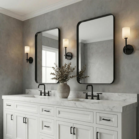 Arlo Wall Sconce 11", Matte Black and Alabaster geometric Wall Sconce in a Transitional Bathroom with a white marble double vanity.