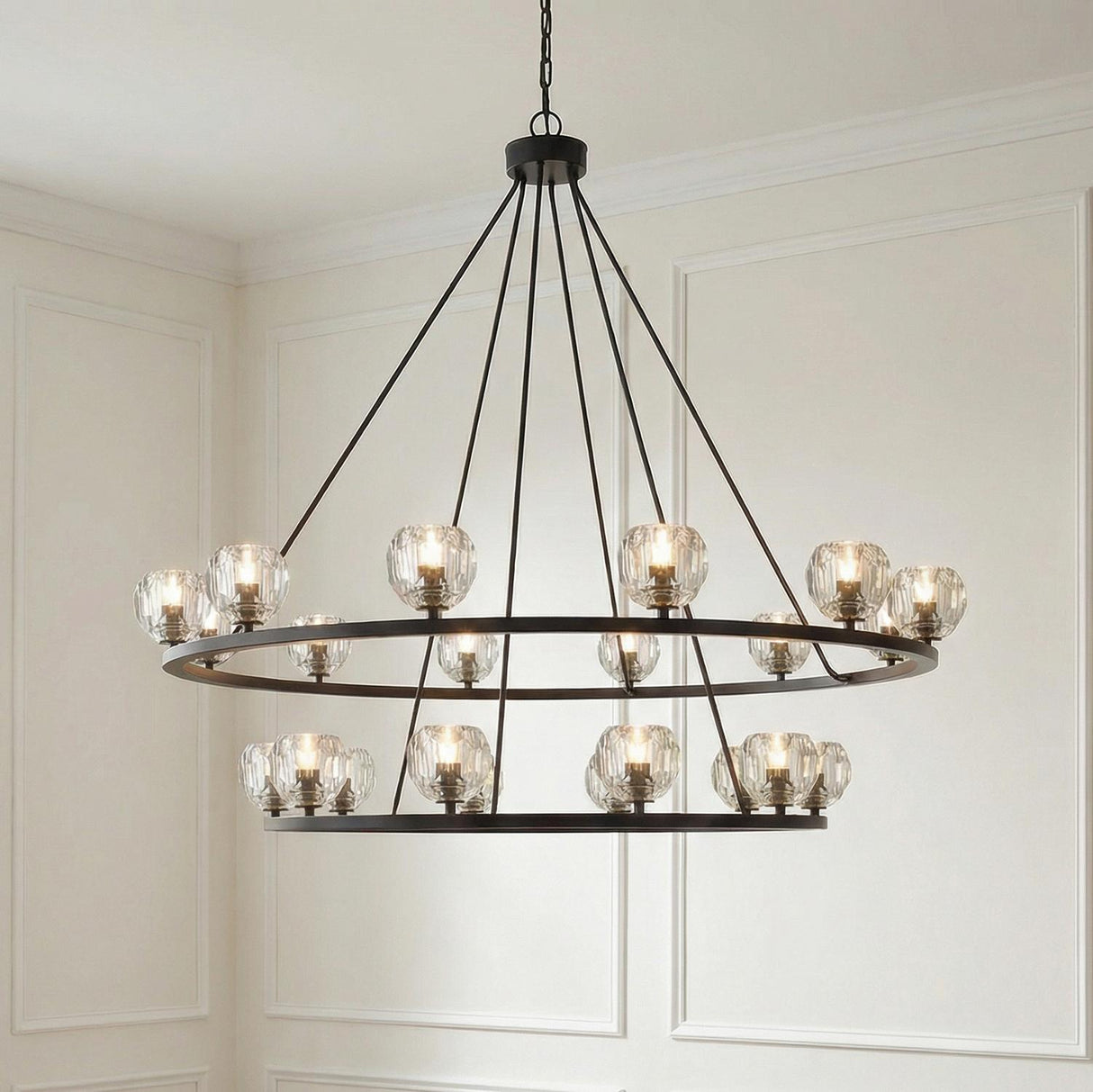 Silas 22 Light Two-Tier Ring Chandelier 48", Matte Black and Faceted Crystal