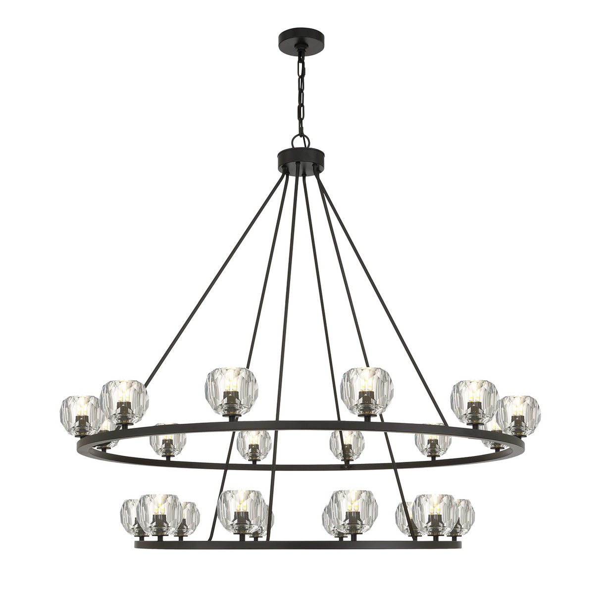 Silas 22 Light Two-Tier Ring Chandelier 48", Matte Black and Faceted Crystal