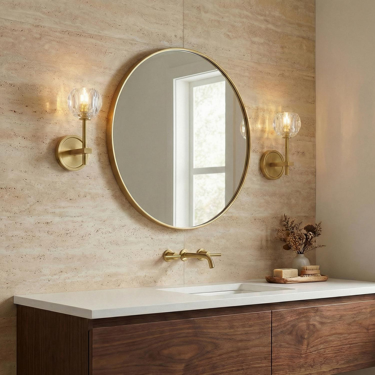 Silas Wall Sconce 11", Soft Brass and Faceted Crystal