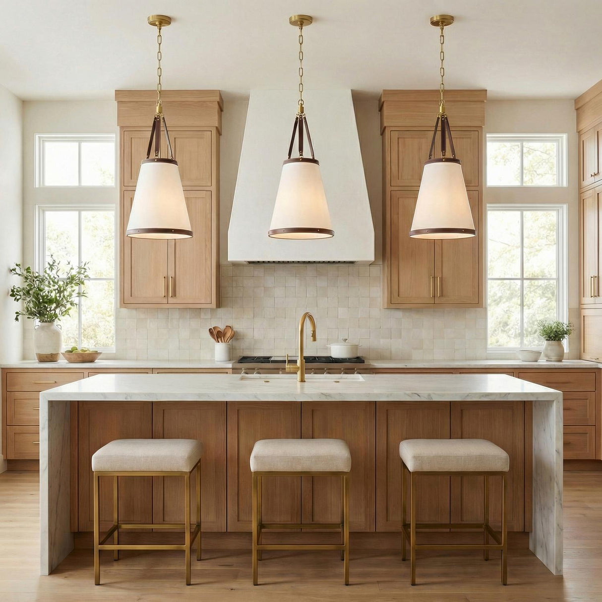 Spencer Small Pendant 14", Brass with Brown Leather Accents