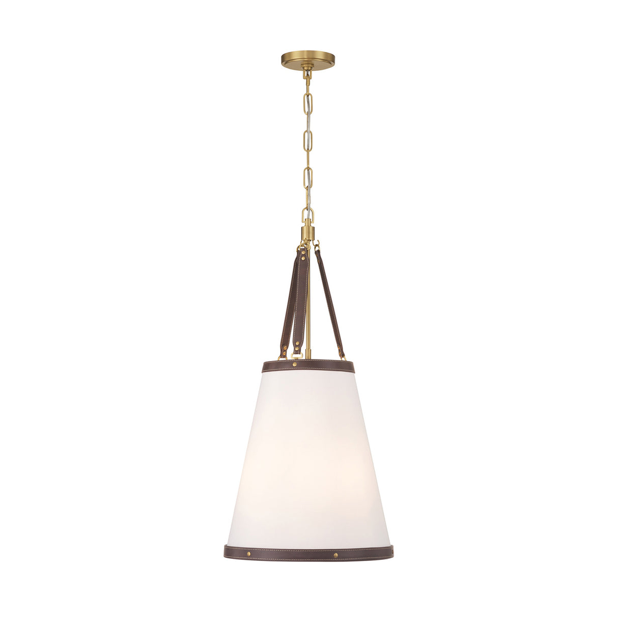 Spencer Small Pendant 14", Brass with Brown Leather Accents