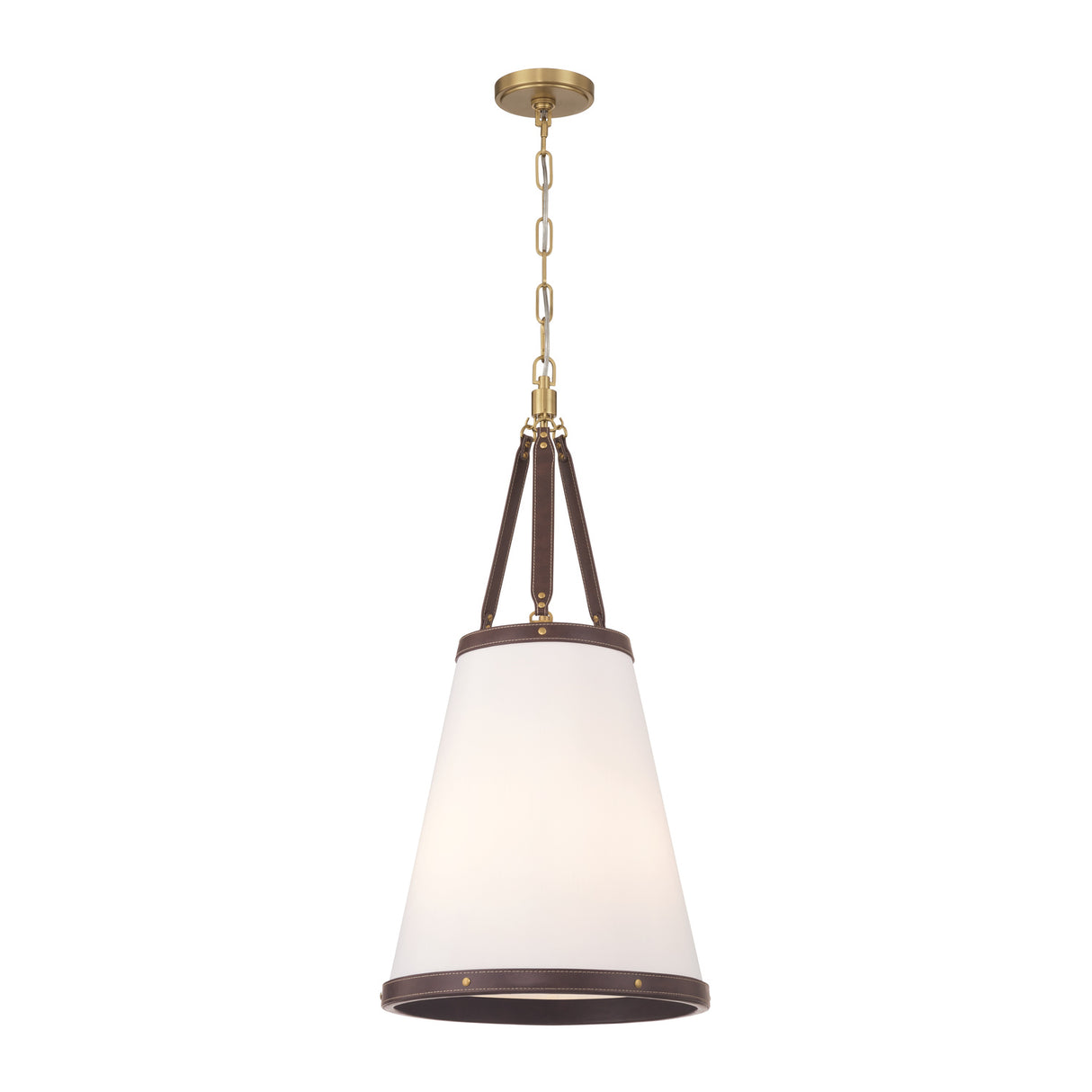 Spencer Small Pendant 14", Brass with Brown Leather Accents