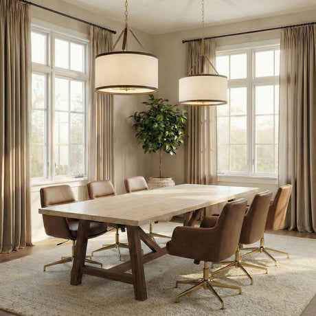 Spencer Pendant, Brass and Brown Leather geometric pendant in a Transitional Dining Room with a rustic oak table and leather chairs.