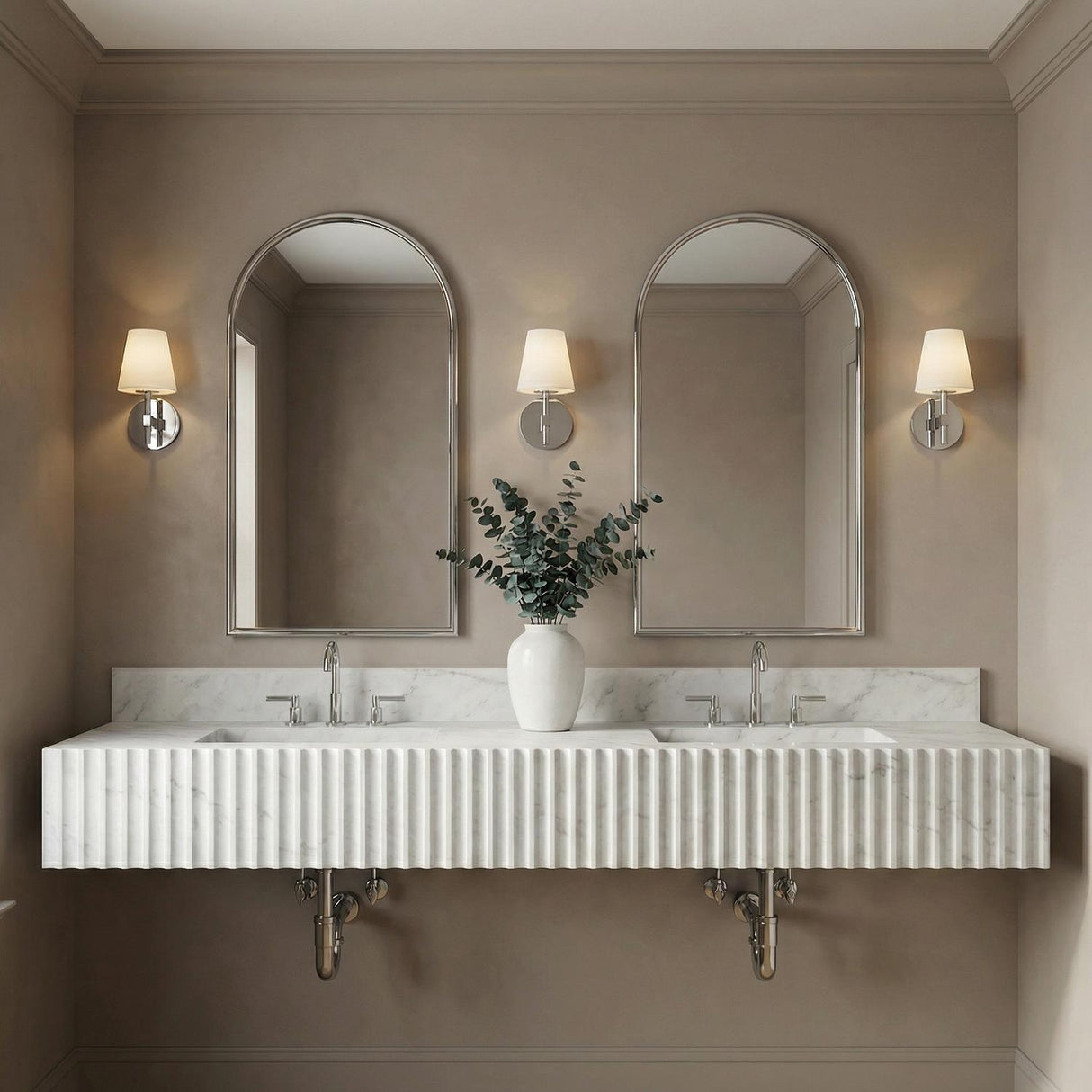 Atticus Wall Sconce 11", Chrome and White Fabric tapered shade Wall Sconce in a Transitional Bathroom with a fluted marble double vanity.