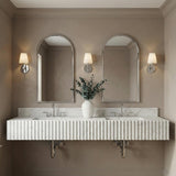 Atticus Wall Sconce 11", Chrome and White Fabric tapered shade Wall Sconce in a Transitional Bathroom with a fluted marble double vanity.