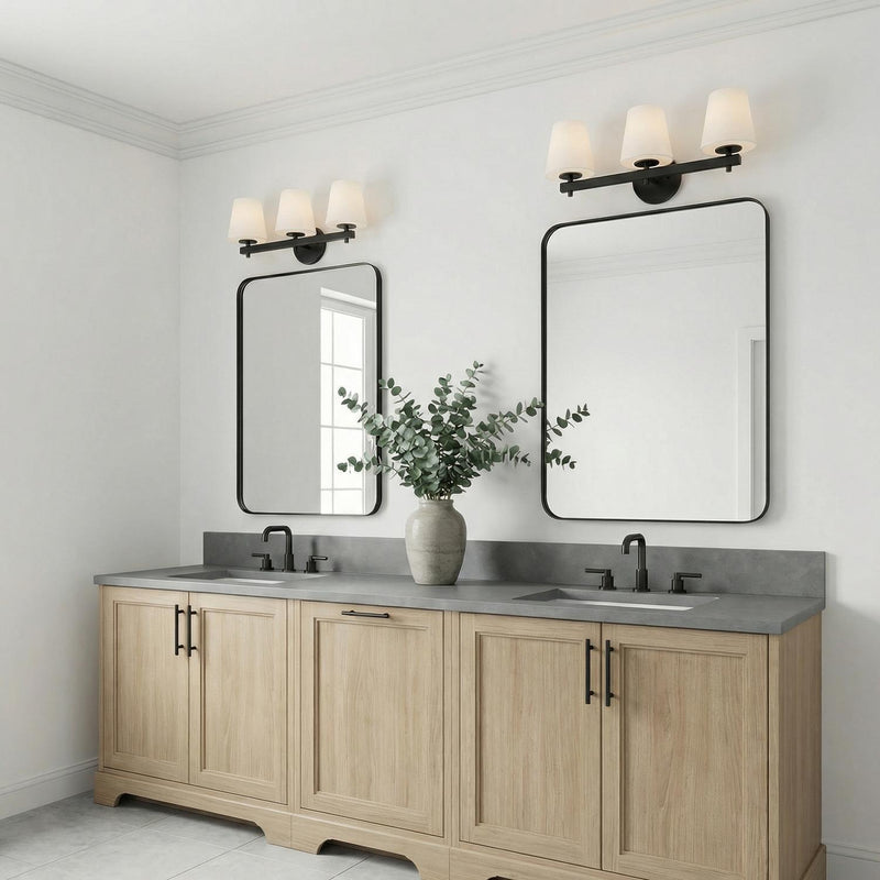 Atticus 3 Light Vanity, Black and Opal Glass