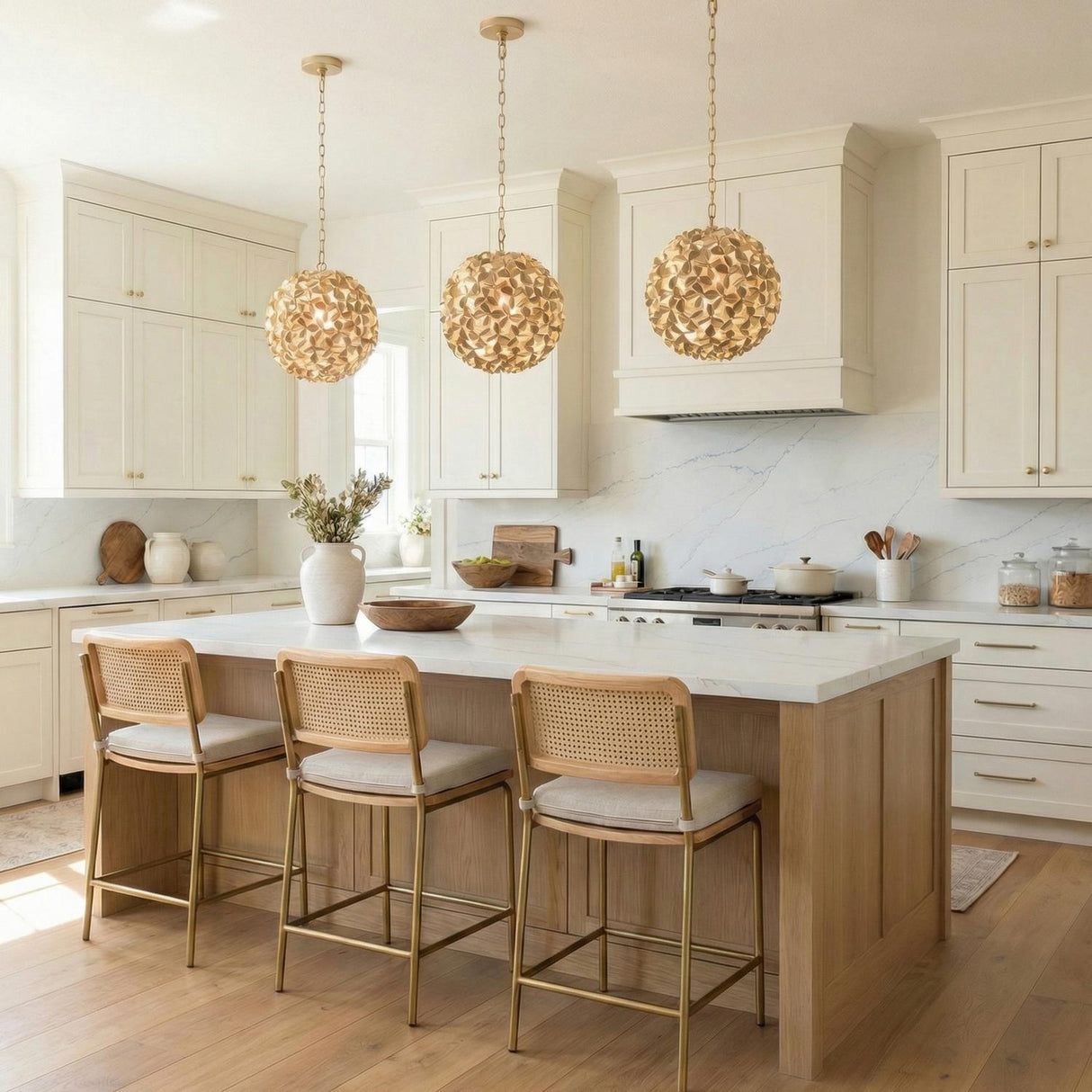 A transitional kitchen features three Florence Pendant 13", Soft Brass globe pendants over a white marble island with light wood cabinets and rattan counter stools.