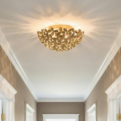 Florence Flush Mount, Soft Brass leaf design flush mount in a Transitional Hallway with white crown molding.