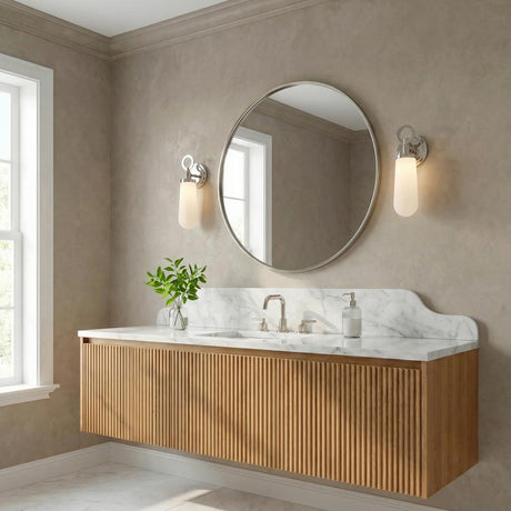 Finnian LED Wall Sconce 13", Polished Nickel geometric Wall Sconce in a Transitional Bathroom with a fluted oak vanity and marble.