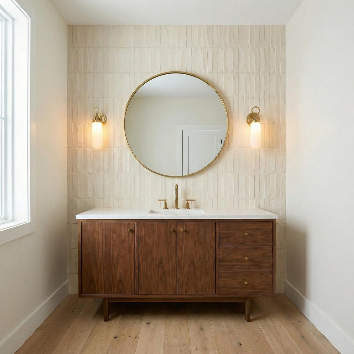 Finnian LED Wall Sconce 13", Brass geometric Wall Sconce in a Mid-Century Bathroom with a walnut vanity and round mirror.