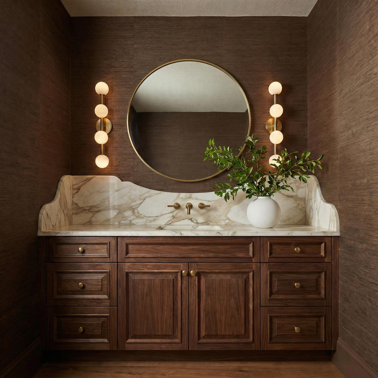 Ashton 4 Light Wall Sconce, Brass and Strie Glass globe Wall Sconce in a Contemporary Bathroom with a scalloped marble backsplash.