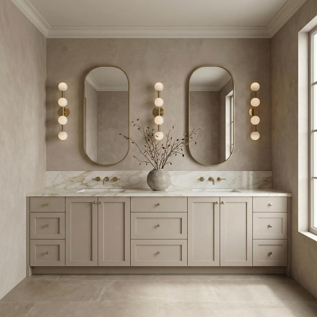 Ashton 4 Light Wall Sconce, Brass and Strie Glass globe wall sconce in a Transitional Bathroom with a double vanity and oval mirrors.