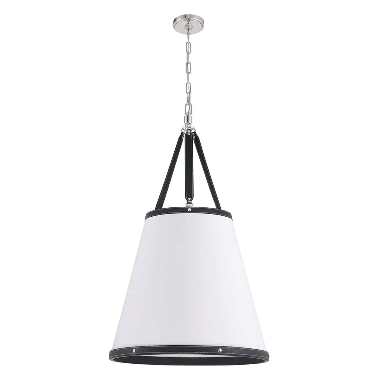 Spencer Large Pendant 21", Polished Nickel with Black Leather Accents