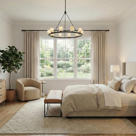 Arlo 10 Light Ring Chandelier 35", Matte Black and Alabaster geometric ring chandelier in a Transitional Bedroom with neutral bedding.