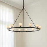 Arlo 12 Light Ring Chandelier 47", Matte Black and Alabaster geometric chandelier in a Contemporary Dining Room with sheer white curtains.