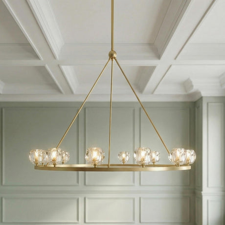 Silas 12 Light Ring Chandelier 48", Soft Brass and Faceted Crystal geometric Chandelier in a Transitional Dining Room with sage green molding.