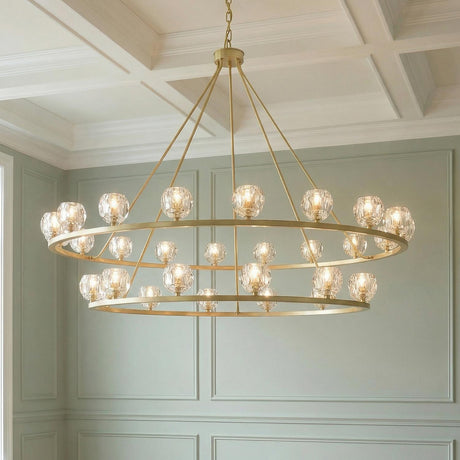 Silas 30 Light Soft Brass faceted crystal globe chandelier in a Traditional Dining Room with mint green paneled walls.