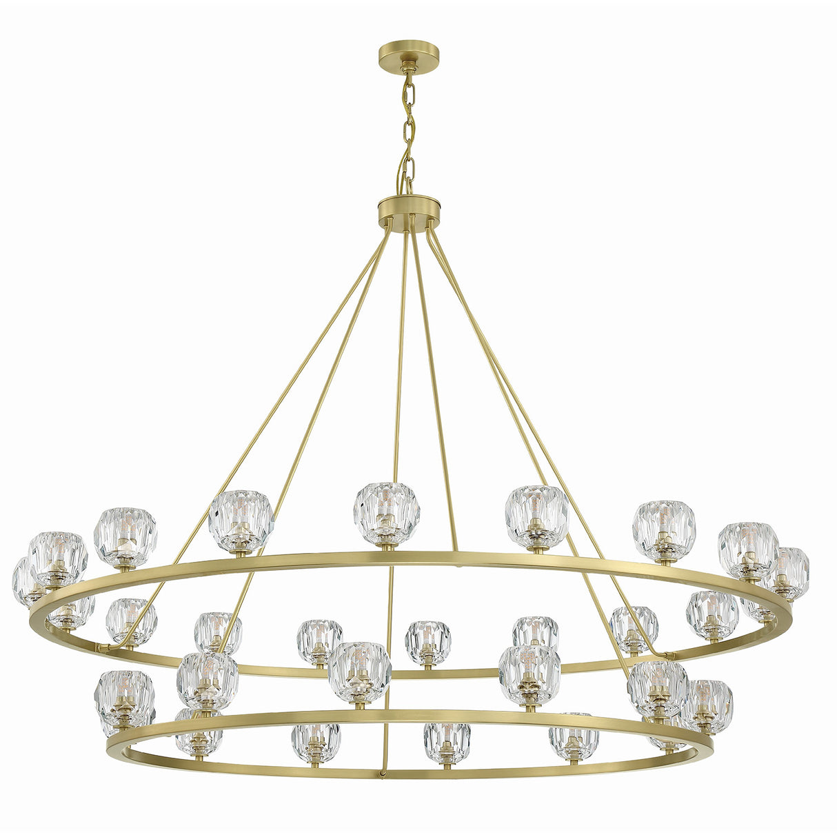 Silas 30 Light Two-Tier Ring Chandelier 60", Soft Brass and Faceted Crystal