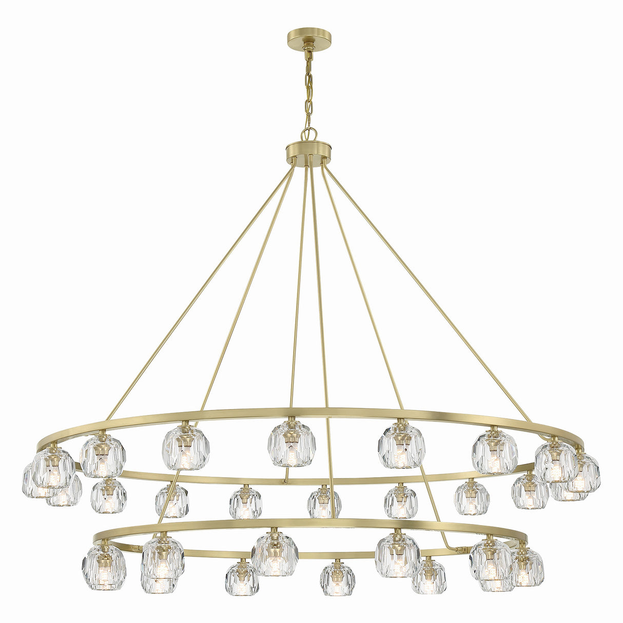 Silas 30 Light Two-Tier Ring Chandelier 60", Soft Brass and Faceted Crystal