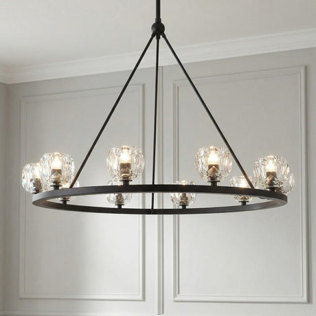 Silas 10 Light Ring Chandelier 36", Matte Black faceted crystal geometric chandelier in a Transitional Dining Room with wall molding.