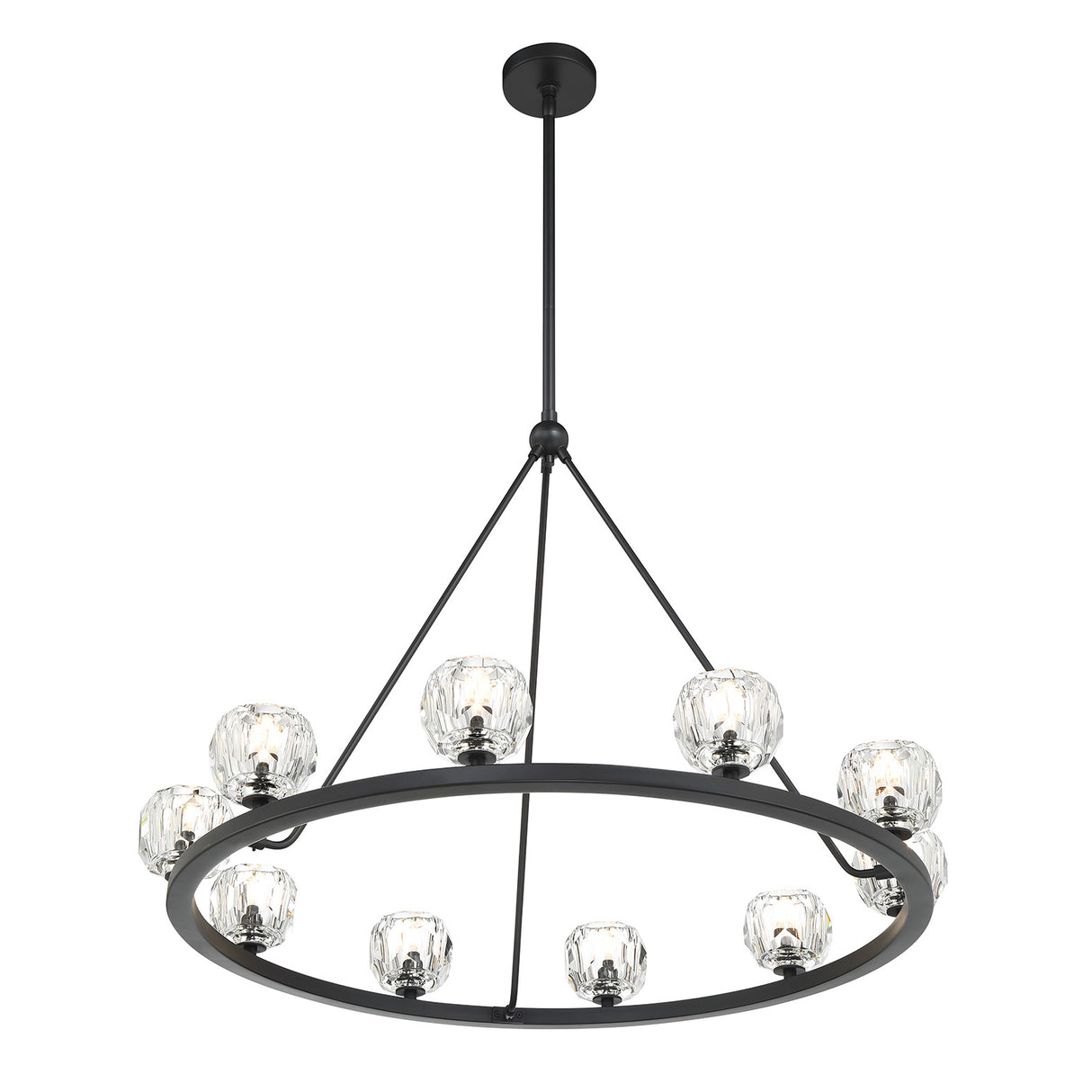 Silas 10 Light Ring Chandelier 36", Matte Black and Faceted Crystal