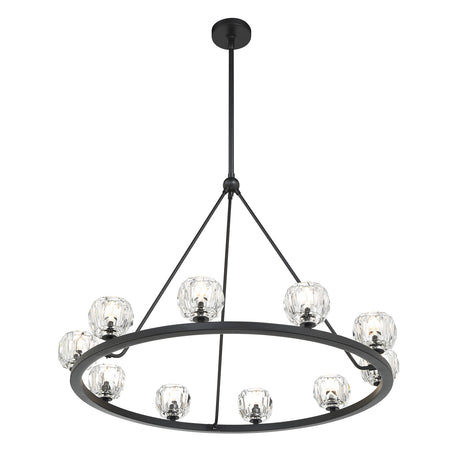 Silas 10 Light Ring Chandelier 36", Matte Black and Faceted Crystal
