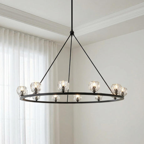 Silas 12 Light Ring Chandelier, Matte Black and faceted crystal geometric Chandelier in a Transitional Dining Room with sheer curtains.