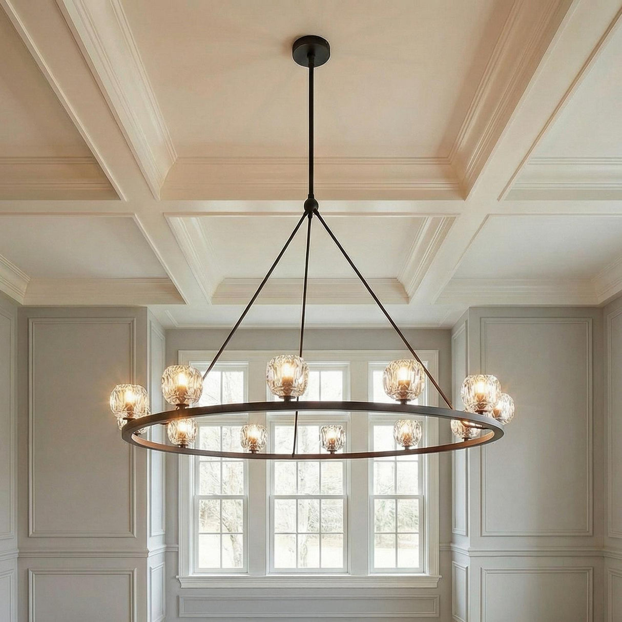 Silas 12 Light Ring Chandelier 48", Matte Black and Faceted Crystal