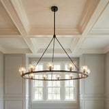 Silas 12 Light Ring Chandelier 48", Matte Black and Faceted Crystal