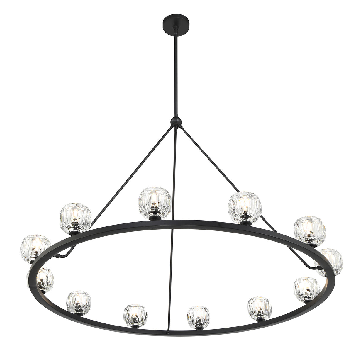 Silas 12 Light Ring Chandelier 48", Matte Black and Faceted Crystal