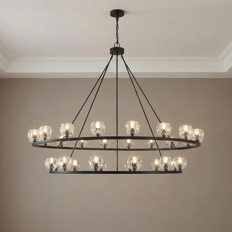 Silas 30-Light Matte Black Faceted Crystal geometric Chandelier in a Transitional Dining Room with crown molding.