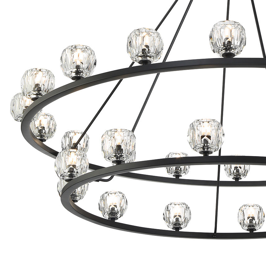 Silas 30 Light Two-Tier Ring Chandelier 60", Matte Black and Faceted Crystal