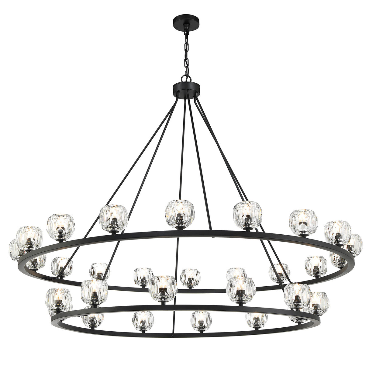Silas 30 Light Two-Tier Ring Chandelier 60", Matte Black and Faceted Crystal