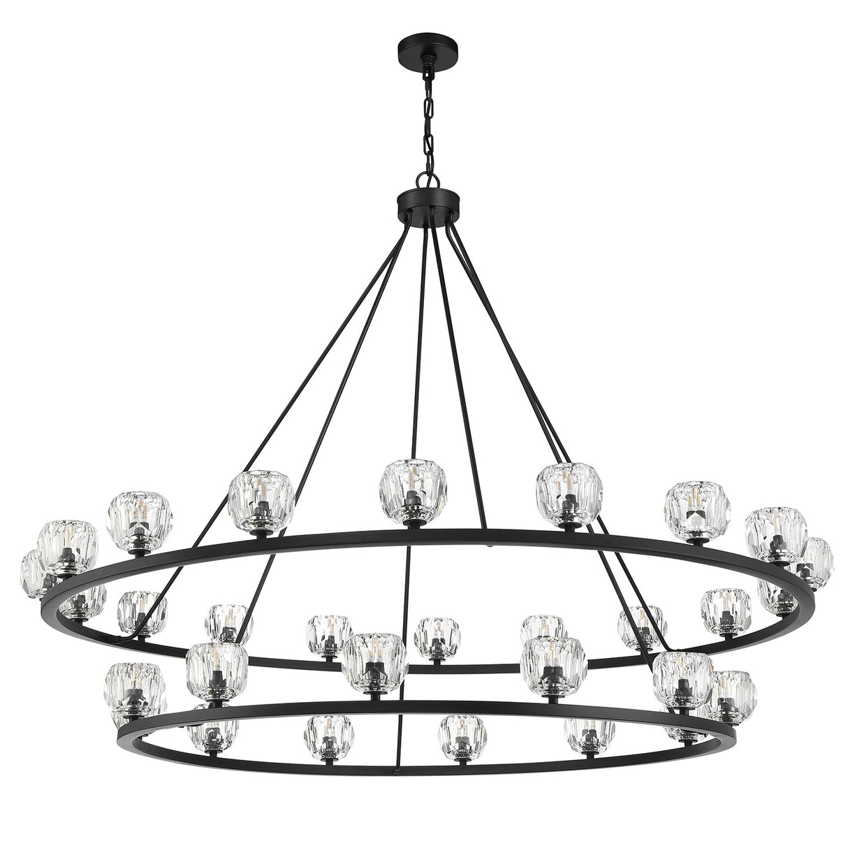 Silas 30 Light Two-Tier Ring Chandelier 60", Matte Black and Faceted Crystal
