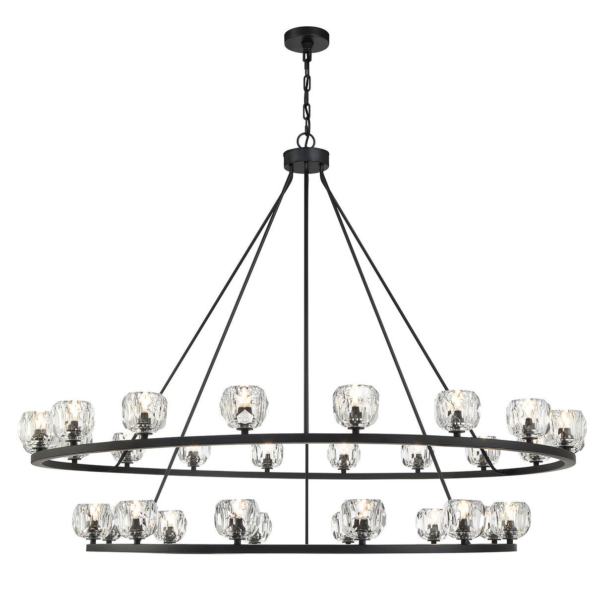 Silas 30 Light Two-Tier Ring Chandelier 60", Matte Black and Faceted Crystal