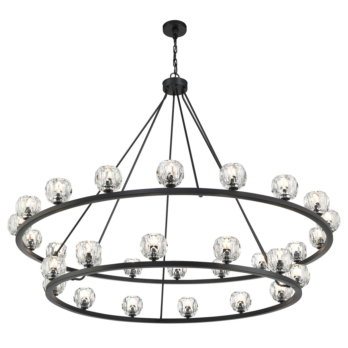 Silas 30 Light Two-Tier Ring Chandelier 60", Matte Black and Faceted Crystal