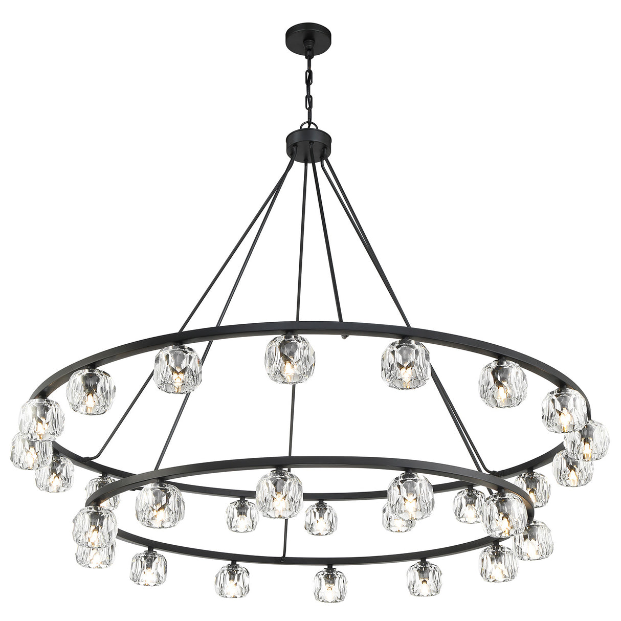 Silas 30 Light Two-Tier Ring Chandelier 60", Matte Black and Faceted Crystal