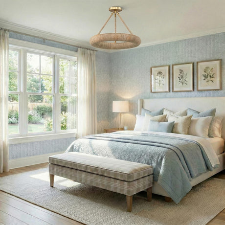 Seabrook LED Chandelier, Lake Grass and Soft Brass woven fixture in a Coastal Bedroom with a plaid bench and patterned wallpaper.