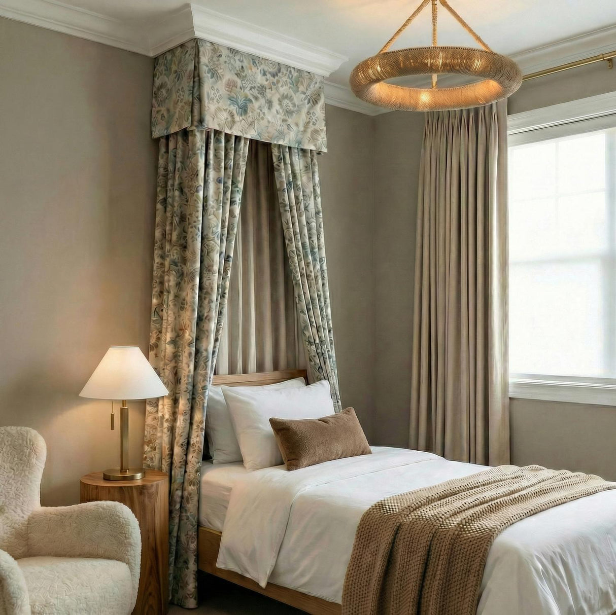 Natural Rope woven ring Chandelier in a Traditional Bedroom with a floral canopy bed and brass table lamp.